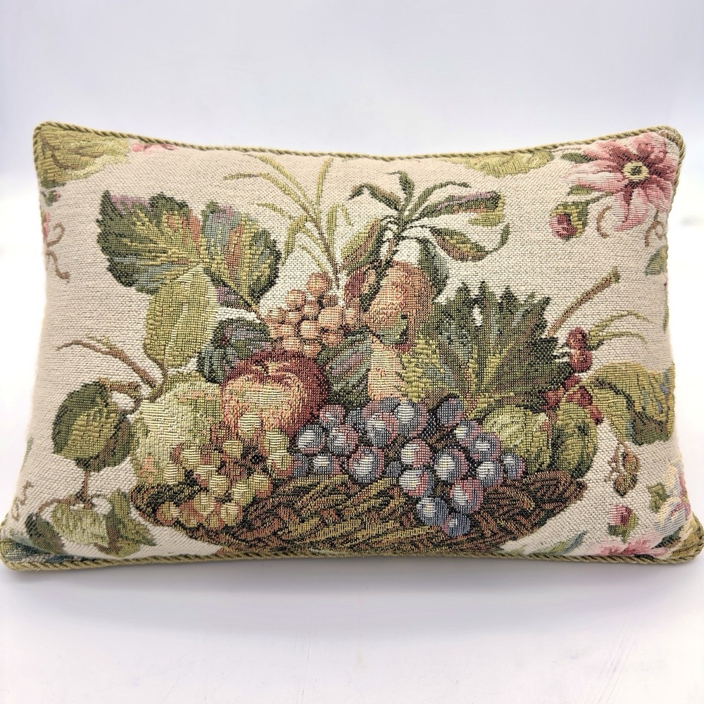 Vtg Tapestry Fruit Basket Pillow Grape Fig Rope Brocade Velvet Back Satin Cord